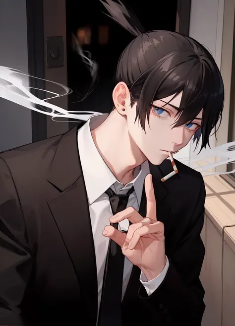 (masterpiece:1.2, best quality), 1boy, hayakawa aki, ((topknot)), expressionless, ((black hair:1.5)), looking_at_viewer, ((upper body)), (smoking:1.333), (side eye), (((view from under))), solo, formal, jacket, collared shirt, black necktie, black pants, blue eyes, street, dynamic angle, ((bored:1.333)), <lora:csm_hayakawa-14:1>