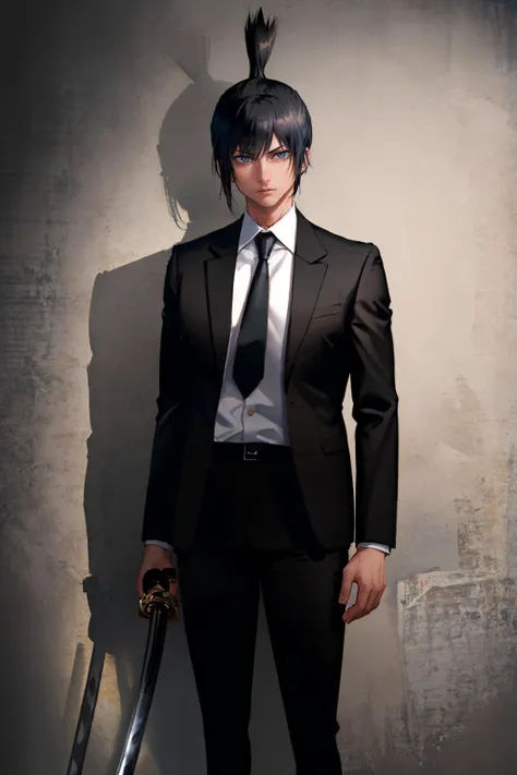 (masterpiece, best quality:1.2), solo, male focus, 1boy, hayakawa aki, serious, looking at viewer, standing, KatanaOneHand, holding, katana, blade across body, blade up, blade right hand, topknot, black jacket, collared shirt, black necktie, black pants <lora:csm_hayakawa-14:1> <lora:KatanaOneHandV5:0.9>