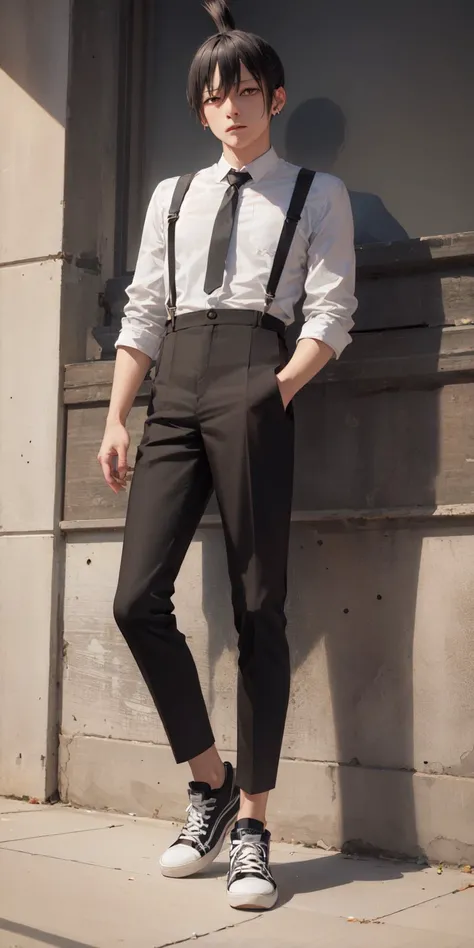 (masterpiece, best quality:1.2), <lora:csm_hayakawa-14:1>, full body, solo, male focus, 1boy, hayakawa aki, expressionless, closed mouth, looking at viewer, hands in pockets, topknot, collared shirt, black necktie, suspenders, black pants, converse