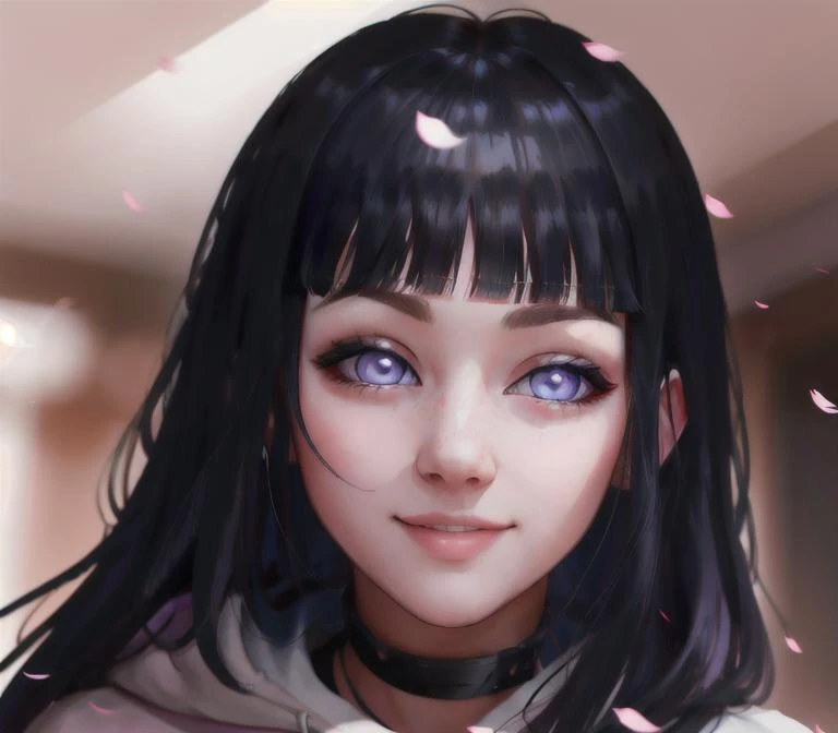 (masterpiece, young female, beautiful, beautiful background, extremely detailed, perfect lighting, perfect face, perfect eyes, beautiful hair), hinata, <lora:hinata-000065:0.9>, 1girl, bangs, black_hair, blunt_bangs, grey_eyes, grey_sleeves, headband_around_neck, highres, hime_cut, hooded_cardigan, long_hair, long_sleeves, looking_at_viewer, petals, smile, solo, straight_hair, ((portrait)), 
<lora:Skindentation:0.75>