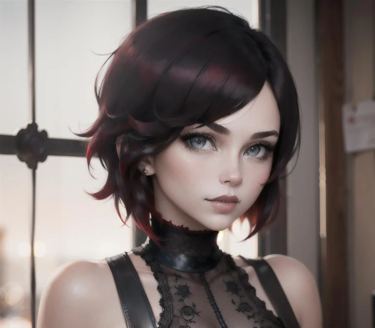 (masterpiece, young female, beautiful, beautiful background, extremely detailed, perfect lighting, perfect face, perfect eyes, beautiful hair), <lora:rwby_rose-10:1>, solo, 1girl, ruby rose, short hair, black dress, red hood, ((portrait)),
<lora:Skindentation:0.75>