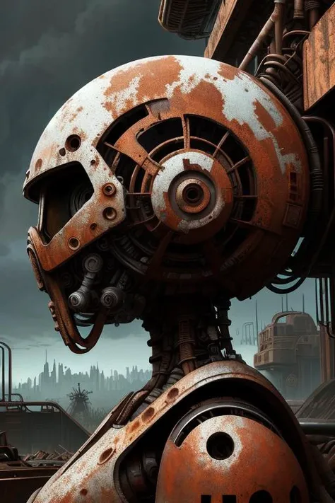 best quality,masterpiece,1 girl, adult woman, freckles, aquamarine eyes, chestnut shaggy hair, ombre, (style-rustmagic:1.0) solo, from side, side view, upper body, looking up, detailed background, detailed face, (<lora:OxideTech:0.6>, scifi, rusty steel, oxidetech theme:1.1), rust-warrior, rusty armor, rusted iron, rusted metal, (rusty:1.05), brown rust, dented, soot, fully rusted, machinery, stoic expression, dynamic pose, ruins in background, dark lighting, shadows, dark clouds, cinematic atmosphere,,