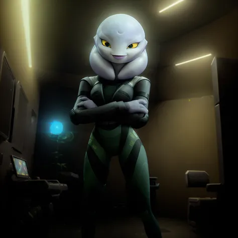 anthropomorphic female, female alien, Green pants, looking at viewer, smile, gloves, yellow eyes, standing, full body, crossed arms, colored sclera, black sclera, alien
 <lora:vax:0.8>, photoshoot, highly detailed, hyper realistic, super detailed, dynamic posing, photography,volumetric, ultra detailed , intricate detail, 32k, super resolution , Backlight, Natural Lighting, Cinematic Lighting, Accent Lighting, Global Illumination, Global Screen Space Illumination, Ray Tracing Global Illuminati on, Lumen Reflections , Cell Shading, Tone Mapping, super detailed, ultra photorealistic, , intricate detail, 8K, ambient occlusion, volumetric lighting, sharp focus,
