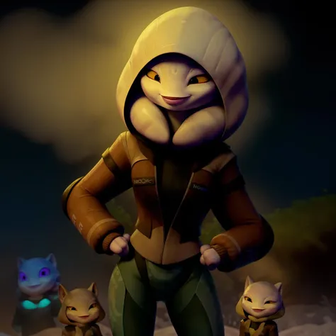(hood:1.2), anthropomorphic female, female alien, looking at viewer, smile, jacket, yellow eyes, outdoors, blurry, night, blurry background, colored skin, alien, Green pants
<lora:vax:0.8>