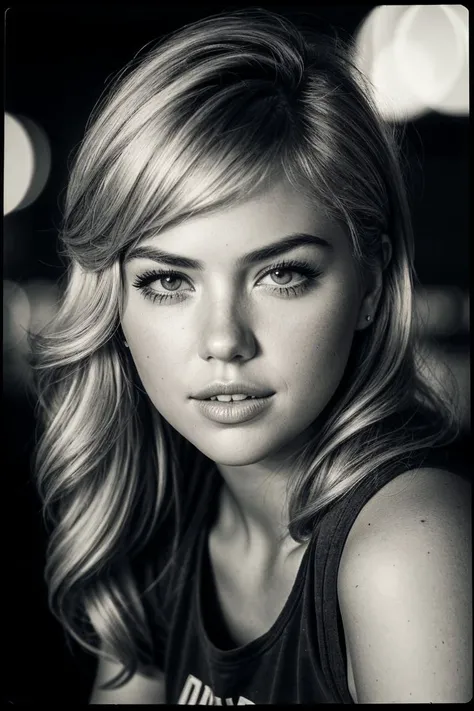 photo of (k4t3upt0n-135:0.99), a woman, perfect blonde hair, (closeup portrait), (vintage photo, sweatpants), 85mm, (tintype), (analog, cinematic, film grain:1.3), ((in Barcelona, nighttime, gritty)), ((detailed eyes)), (color picture), (epicPhoto)