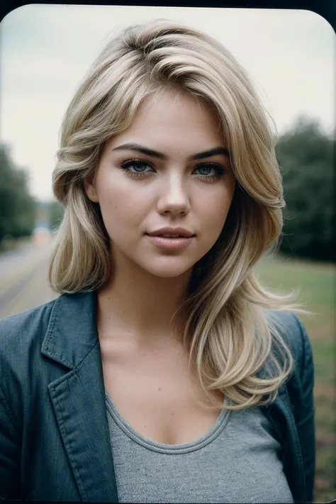 photo of (k4t3upt0n-135:0.99), a woman, perfect blonde hair, (closeup portrait), (vintage photo, sweatpants), 85mm, (tintype), (analog, cinematic, film grain:1.3), ((in London, daylight, gritty)), ((detailed eyes)), (color picture), (epicPhoto)