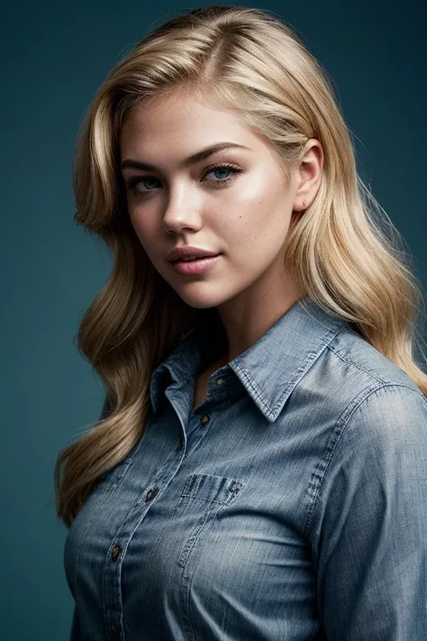 photo of (k4t3upt0n-135:0.99), a beautiful woman, perfect blonde hair, (modern photo, Spring Green button shirt:1.1), 85mm, (analog, cinematic, film grain, hazy atmosphere:1.3), ((plain Indigo Blue background, jazz club:1.2)), detailed eyes, (seductive), (epicPhoto), (looking at viewer), jewelry, (cinematic shot:1.3), PA7_Portrait-HL_v2