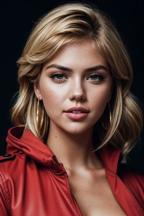 photo of fit (k4t3upt0n:0.99), a beautiful woman, perfect blonde hair, (modern photo), (Brick Red  coat and long sleeve shirt), ((smokey Hunter Blaze Orangebackground:1.1)), 85mm, (analog, cinematic, film grain:1.3), detailed eyes, painted lips, eyeliner, earrings, (epicPhoto), (looking at viewer), (cinematic shot:1.3), PA7_Portrait-HL_v2