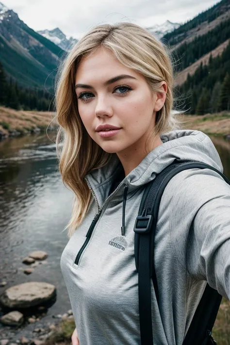 ((selfie)) photo of beautiful blonde (k4t3upt0n-135:0.99), a woman, outdoors, mountains, wearing a backpack, sweater, and hiking jacket, rocks, river, wood, analog style (look at viewer:1.2) (skin texture), close up, 85mm, cinematic light, sidelighting, Fujiflim XT3, DSLR, epiCPhoto