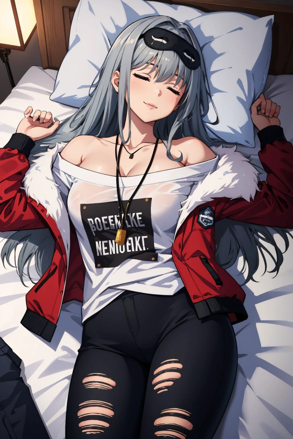 masterpiece, best quality, <lora:frima-nikke-richy-v1:0.9> frimadef, white shirt, red jacket, fur trim, open clothes, off shoulder, black pants, torn pants, necklace, sleep mask, bed, lying on back, sleeping, closed eyes, smile