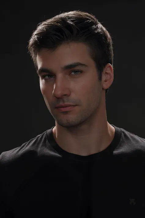 (close-up) face portrait professional studio photo of sc_stu  <lora:prodigy_sc_stu-07:0.75>, wearing a well-fitting dark-colored crew-neck t-shirt, simple clean dark gray background, soft directional lighting, confident intense mood
