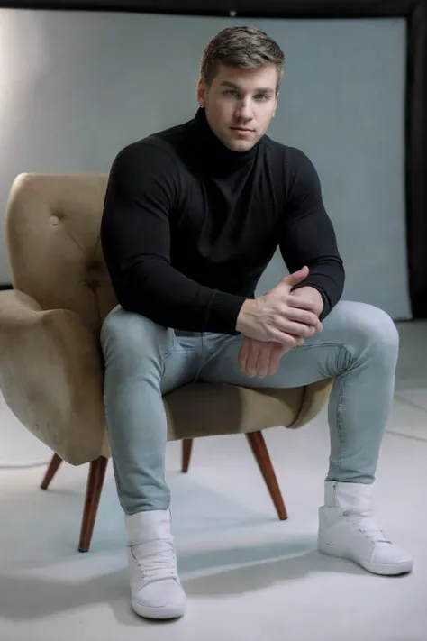 photo of sc_stu <lora:prodigy_sc_stu-07:1>, sitting on a unique chair, clean white background, wearing a black turtleneck sweater, jeans, and stylish shoes, studio lighting, professionally shot, shot by Annie Leibovitz, hands folded