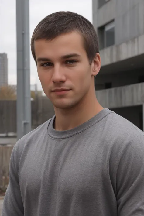closeup face portrait photo of sc_stu <lora:sc_stu-06:0.75> wearing a gray crew-neck sweater, urban industrial backdrop, slightly out of focus, cool contemplative mood, looking at camera, relaxed demeanor, dramatic lighting, side lighting, modern sleek (rugged:0.5) aesthetic