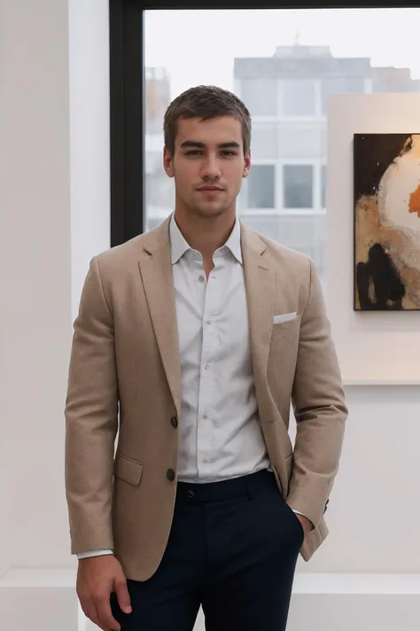 photo of sc_stu  <lora:sc_stu-06:0.75> wearing a tailored blazer and fitted chinos, posing in an art gallery, large windows, minimalist, subtly charismatic, relaxed stance, soft diffused lighting, flattering ambiance, soft artificial lights, urban chic