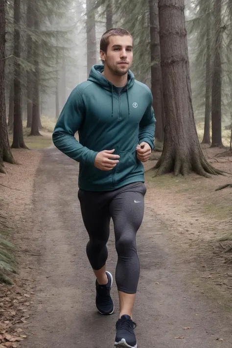 photo of sc_stu  <lora:sc_stu-06:0.75> jogging in athletic wear, in a clearing in the woods, natural outdoor lighting, dappled sunlight filtering through the trees, outdoor adventure