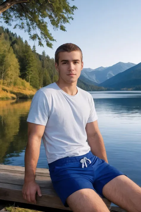 photo of sc_stu <lora:sc_stu-06:0.75> sitting outdoors near a lake, natural lighting, wearing a lightweight t-shirt and shorts, golden hour, picturesque natural setting, serene lakeside, rich natural beauty