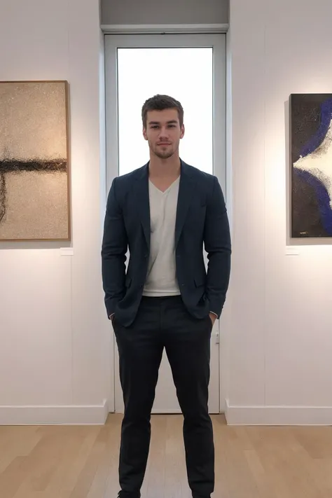 photo of sc_stu  <lora:sc_stu-06:0.75> wearing a tailored blazer and fitted chinos, posing in an art gallery, large windows, minimalist, subtly charismatic, relaxed stance, soft diffused lighting, flattering ambiance, soft artificial lights, urban chic