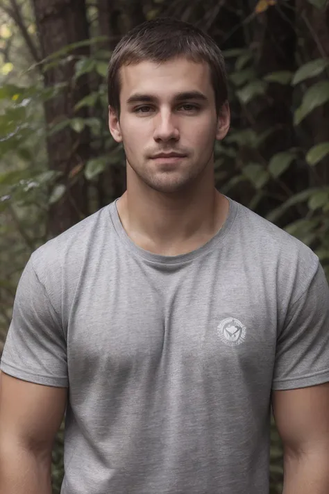photo of sc_stu <lora:sc_stu-06:0.75> wearing am (athletic shirt), khaki shorts, posing in a clearing in the woods, natural outdoor lighting, dappled sunlight filtering through the trees, outdoor adventure