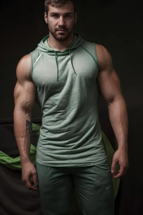 photo of sc_stu with facial hair <lora:prodigy_sc_stu-07:1>, wearing a short-sleeved green hoodie and gym shorts, standing confidently facing the camera, relaxed confident demeanor, simple background, soft even lighting, self-assured confident mood