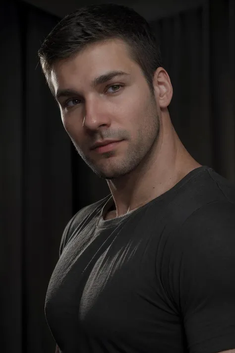 (close-up) face portrait professional studio photo of sc_stu  <lora:prodigy_sc_stu-07:1>, wearing a well-fitting dark-colored crew-neck t-shirt, simple clean dark gray background, soft directional lighting, confident intense mood, facial hair
