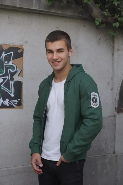 medium-shot photo of sc_stu <lora:sc_stu-06:0.75> wearing a dark green bomber jacket and shirt, graffiti-covered wall, casual approachable mood, quiet confidence, relaxed smile, charming, natural lighting, flattering light, urban chic, outdoor enthusiast