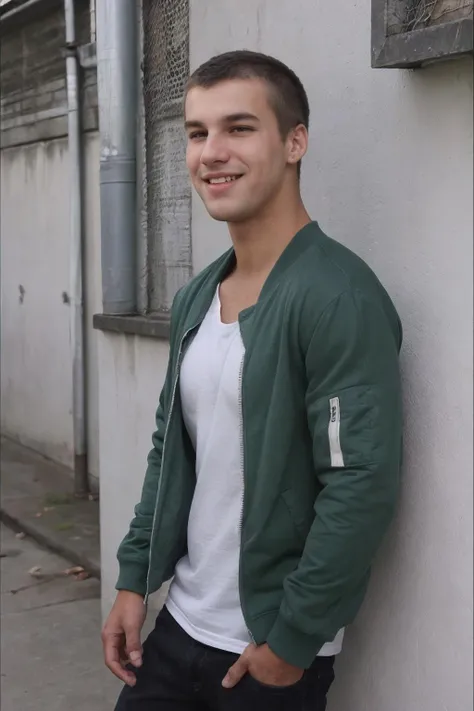 medium-shot photo of sc_stu  <lora:sc_stu-06:0.75> wearing a dark green bomber jacket and shirt, graffiti-covered wall, casual approachable mood, quiet confidence, relaxed smile, charming, natural lighting, flattering light, urban chic, outdoor enthusiast