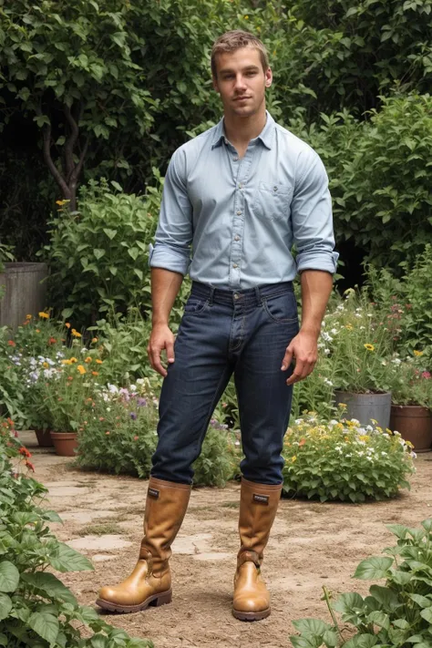 photo of sc_stu  <lora:sc_stu-06:0.75> wearing stylish henly shirt, khakis, gardening boots, lush garden variety of plants, flowers, vegetable patch, vibrant colorful scene, peaceful mood, natural outdoor lighting, golden hour