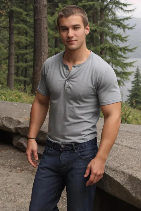medium-shot photo of sc_stu <lora:sc_stu-06:0.75> wearing a fitted short-sleeved henley shirt and jeans, slim-fit leather jacket, converse sneakers, scenic Washington overlook, (mountains:forest:0.5) in the distance, natural beauty, relaxed confident demeanor, (smile:0.4), natural lighting, (overcast:0.5), soft diffused lighting, (rugged:0.5)