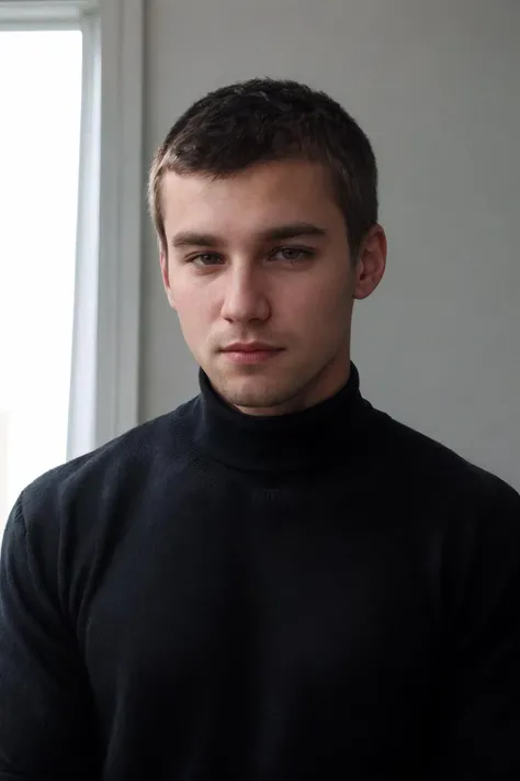 closeup face portrait photo of sc_stu <lora:sc_stu-06:0.75> wearing a black turtleneck sweater, minimalist background, introspective mood, thoughtful expression, soft diffused lighting, natural light, clean intimate sophisticated