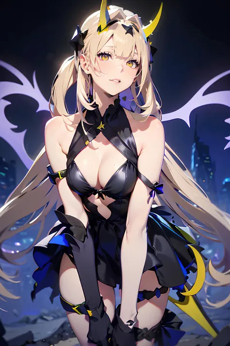 <lora:AiriDimensionBreaker:0.8>, Airidimension, 1girl, solo, long hair, breasts, looking at viewer, bangs, blonde hair, gloves, dress, holding, cleavage, hair between eyes, bare shoulders, very long hair, closed mouth, yellow eyes, weapon, white hair, big breasts, horns, black gloves, elbow gloves, sword, holding weapon, white panties, black dress, clothing cutout, thigh strap, holding sword, arm behind back, , blunt bangs, armpits, makeup, realistic, thigh strap, back