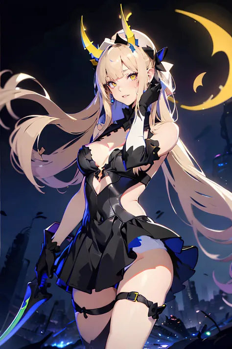 <lora:AiriDimensionBreaker:0.8>, Airidimension, 1girl, solo, long hair, breasts, looking at viewer, bangs, blonde hair, gloves, dress, holding, cleavage, hair between eyes, bare shoulders, very long hair, closed mouth, yellow eyes, weapon, white hair, big breasts, horns, black gloves, elbow gloves, sword, holding weapon, white panties, black dress, clothing cutout, thigh strap, holding sword, arm behind back, , blunt bangs, armpits, makeup, realistic, thigh strap, back