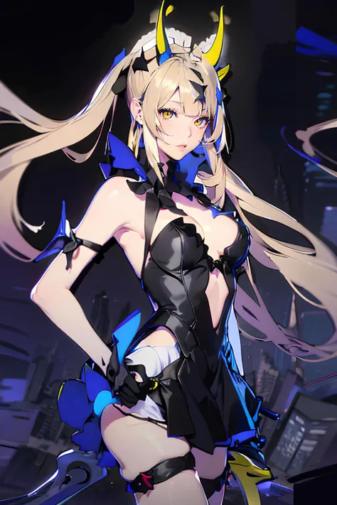<lora:AiriDimensionBreaker:1>, Airidimension, 1girl, solo, long hair, breasts, looking at viewer, bangs, blonde hair, gloves, dress, holding, cleavage, hair between eyes, bare shoulders, very long hair, closed mouth, yellow eyes, weapon, white hair, big breasts, horns, black gloves, elbow gloves, sword, holding weapon, white panties, black dress, clothing cutout, thigh strap, holding sword, arm behind back, , blunt bangs, armpits, makeup, realistic, thigh strap