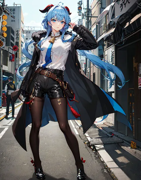 ((masterpiece, best quality)), (detailed light),layered backgrounds, (gorgeous background),dynamic angle,delicate background,colorful,
(1 girl:1.3),
tokyo \(city\), street, cityscape, sunlight,
standing, full body,
ganyu \(genshin impact\),hair ornamen, mature female,twin horns, blue hair, blue eyes, beautiful eyes,
serious,killing intent,
close-up,black pantyhose, (black generous coat:1.3),(white shirt:1.2), (black shorts:1.2), <lora:ganyuGenshinImpact_v20:0.4>, <lora:arknightsTexasThe_v10:0.2>