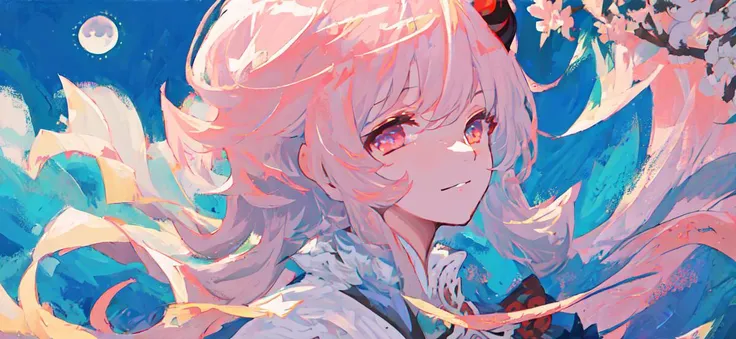 (mksks style), masterpiece, best quality, ultra-detailed, illustration,close-up, straight-on, face focus,serene expression, portrait, 1girl, long hair,pink eyes, hair flower,horns,smirk,ocean,((moon)),looking at viewer,ganyu from genshin impact,<lora:ganyuGenshinImpact_v20:0.85>