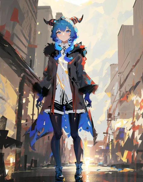 ((masterpiece, best quality)), (detailed light),layered backgrounds, (gorgeous background),dynamic angle,delicate background,colorful,
(1 girl:1.3),
tokyo \(city\), street, cityscape, sunlight,
standing, full body,
ganyu \(genshin impact\),hair ornamen, mature female,twin horns, blue hair, blue eyes, beautiful eyes,
serious,killing intent,
close-up,black pantyhose, (black generous coat:1.3),(white shirt:1.2), (black shorts:1.2), <lora:ganyuGenshinImpact_v20:0.8>, <lora:arknightsTexasThe_v10:0.3>