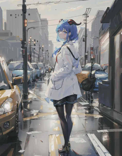 ((masterpiece, best quality)), (detailed light),layered backgrounds, (gorgeous background),dynamic angle,delicate background,colorful,
(1 girl:1.3),
tokyo \(city\), street, cityscape, sunlight,
standing, full body,(arms behind back:1.2)
ganyu \(genshin impact\),hair ornamen, mature female,twin horns, blue hair, blue eyes,
serious,killing intent,
close-up,(black pantyhose,black generous coat,white shirt, black shorts:1.2), <lora:ganyuGenshinImpact_v20:0.4>, <lora:arknightsTexasThe_v10:0.2> ,