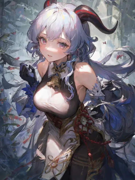 ((masterpiece, best quality)), close-up, straight on, face focus,((1 girl)), {long hair}, ((big breasts)), standing, hair ornamen, gloves, (incredible absurdity), gilded frame, (detailed light),lighting, colorful, layered backgrounds, (gothic architecture), pond, (gorgeous background), dynamic angle, delicate background, (shine),ganyu, twin horn, bare shoulder, bodysuit <lora:ganyu:0.65>