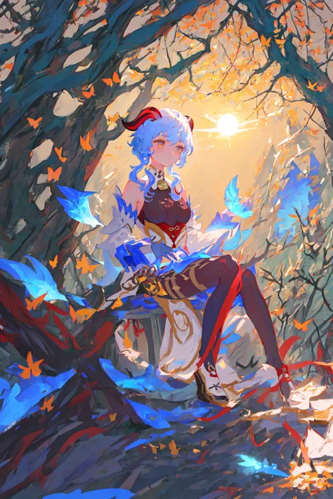 ((1girl,solo)),masterpiece, best quality, portrai,tultra-detail, illustration, close-up,straight shot,((focus on face)),looking into the distance,forest,sun,wind,butterfly,studio lighting,yokozuwari,tree,lake,sitting,ganyu \(genshin impact\), twin horn, bare shoulder, bodysuit <lora:ganyu2:0.9>
