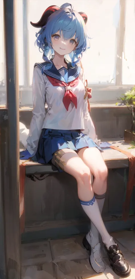 ((4k,masterpiece,best quality)),1girl, medium breasts, serafuku, sailor suite, sailor shirt, shorts under skirt, seifuku, school uniform, Sailor dress, (((no legwear))),(((bare legs))), ganyu \(genshin impact\),blue hair,light smile,sunlight,smile, <lora:ganyuGenshinImpact_offset:0.5>, no socks, socks removed, closed mouth,