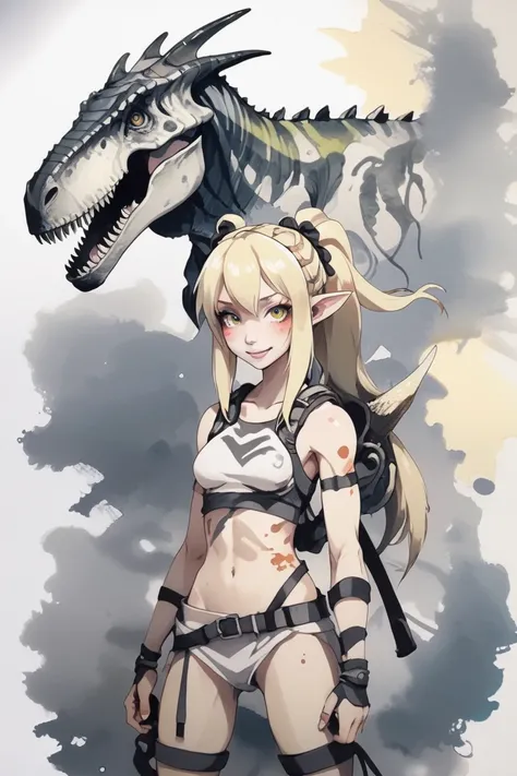 1girl, woman, grinning post apocalyptic amazon berserker, (muscular:1), pauldrons, (warpaint:1.4), antlered helmet, archer pose, with a pet Allosaurus, bombshell hair, blonde hair, hair ribbon, slim, atheletic figure, narrow waist, small breasts, albino<lora:EnvyInkAndWashXL01:1>