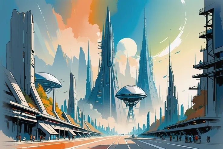 ink and wash, rough ink sketch, full color, radiotelescope array in a Futuristic fantasy city edge of reality, masterpiece<lora:EnvyInkAndWashXL01:0.72>