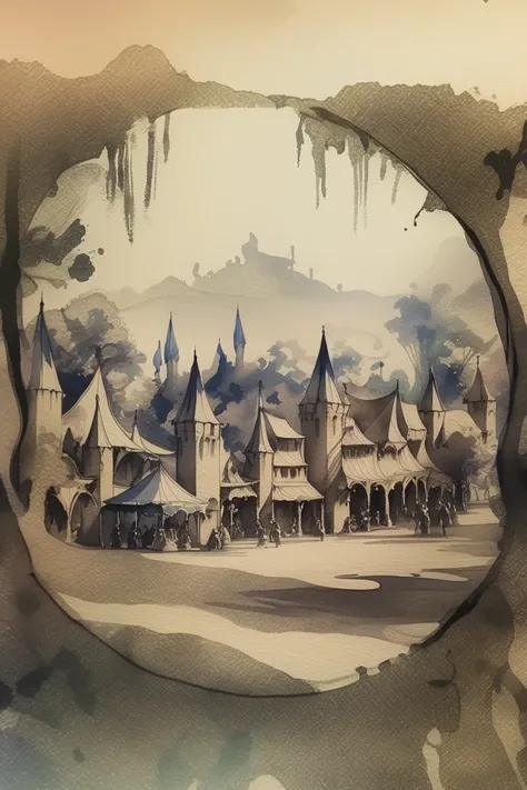 noon, scenery, Renaissance fair marketplace<lora:EnvyInkAndWashXL01:1>