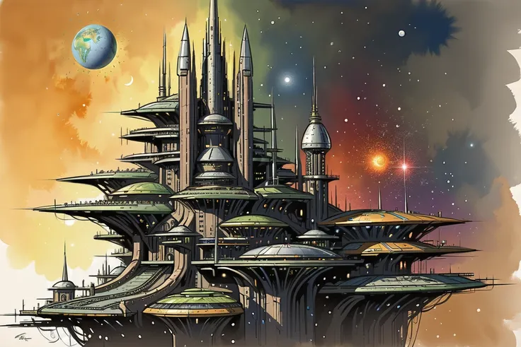 ink and wash, rough ink sketch, full color, a wonderous,great scifi cosmic megastructure edge of the universe, masterpiece, by Ben Mauro<lora:EnvyInkAndWashXL01:0.72>