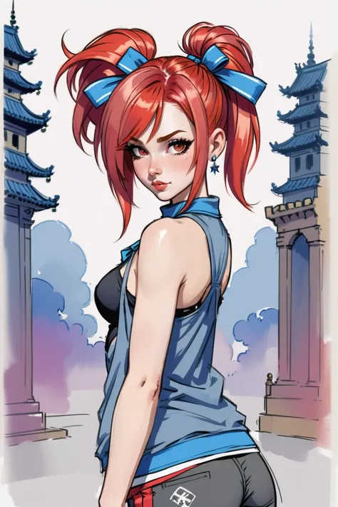 ink and wash, rough ink sketch, full color, Sacred Temples,1girl, woman, punk girl, cute, [:casual costume design,:0.2], bombshell punk hair, bright multicolor hair with red highlights, hair ribbon,Hip Length Hair, bombshell hair, ginger hair, long bombshell hair, soft body, wide hips, narrow waist, medium breasts, caucasian<lora:EnvyInkAndWashXL01:0.5>