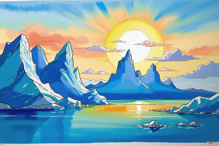 ink and wash, rough ink sketch, full color, golden hour, blue sky, clouds, scenery, in a Iceberg<lora:EnvyInkAndWashXL01:0.72>