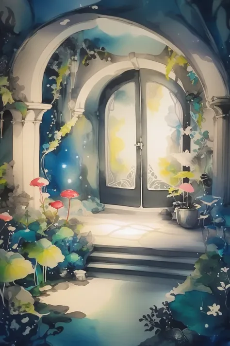 brightly lit interior, in a fairy tale Secret garden<lora:EnvyInkAndWashXL01:1>