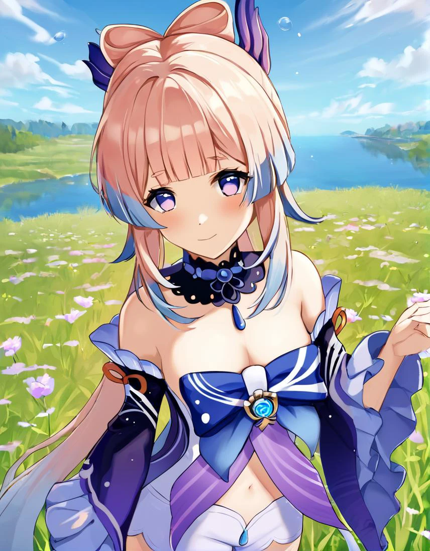 (score_9, score_8_up,score_7_up:1.2), rating_safe, wallpaper,
BREAK , <lora:k0k0mi-ponyxl-5:1> k0k0mi, 1girl, detached collar, detached sleeves, white shorts, thighhigh, bowtie,
BREAK outside, flower field, day, daylight, sky, lake,
BREAK standing, grass, posing, soft smile, cute, close up,
BREAK ,<lora:GenshinLycoXL:0.3> vision \(genshin impact\),