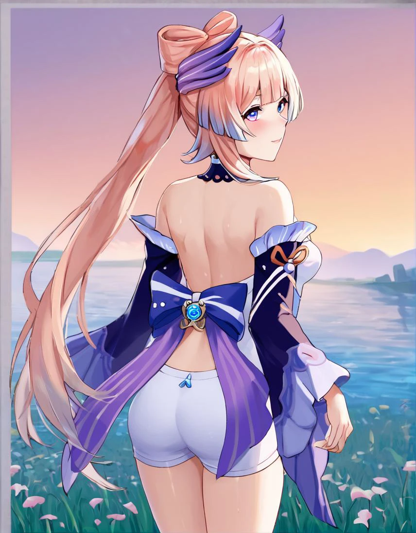 (score_9, score_8_up,score_7_up:1.2), rating_safe, wallpaper,
BREAK , <lora:k0k0mi-ponyxl-5:1> k0k0mi, 1girl, detached collar, detached sleeves, white shorts, thighhigh, bowtie,
BREAK outside, flower field, day, daylight, sky, lake,
BREAK standing, grass, posing, soft smile, cute, close up, view from behind, looking back, back,
BREAK ,<lora:GenshinLycoXL:0.3> vision \(genshin impact\),