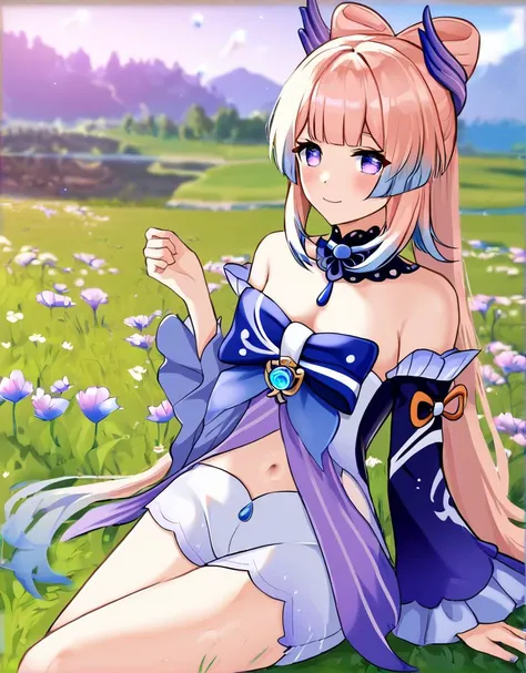 (score_9, score_8_up,score_7_up:1.2), rating_safe, wallpaper,
BREAK , <lora:k0k0mi-ponyxl-5:1> k0k0mi, 1girl, detached collar, detached sleeves, white shorts, thighhigh, bowtie, 
BREAK outside, flower field, day, daylight, sky, lake,
BREAK sitting on grass, posing, soft smile, cute, close up,
BREAK ,<lora:GenshinLycoXL:0.3> vision \(genshin impact\),