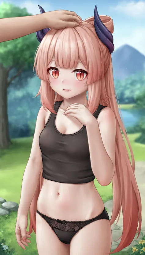 score_9, score_8_up, score_7_up, score_6_up, score_5_up, score_4_up, by aki99 BREAK
k0k0mi, (vampire:1.1), slit pupils, red eyes, black horns, gradient hair, peach hair, (red hair:1.1), black panties, black tank top, midriff, standing, headpat BREAK <lora:k0k0mi-ponyxl-5-000010:0.8>
lake, grass, tree, <lora:aki99_pony_v3-000012:0.8>